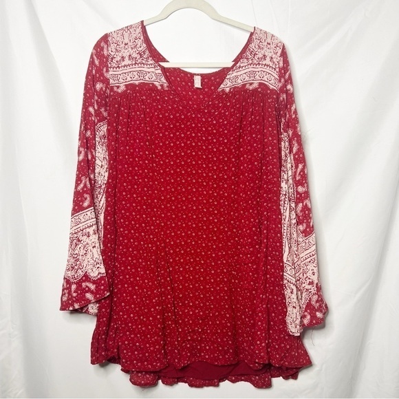 Free People Red Bandana Print Long Sleeve Mini Dress - Picture 1 of 4